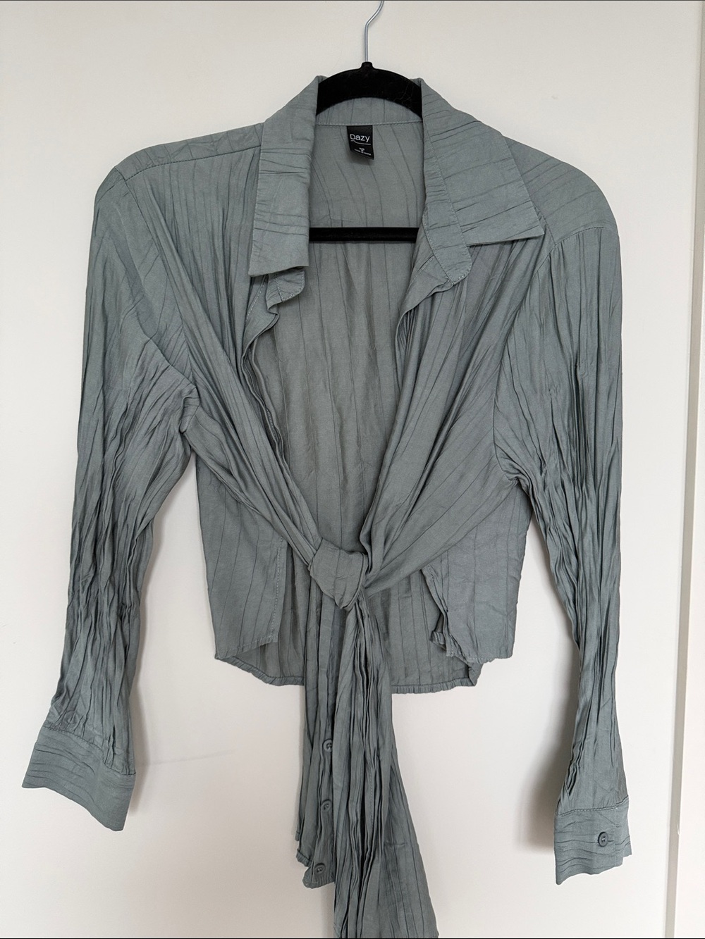 3/$45 Crinkle Tie-Front Button Down Shirt - Gray